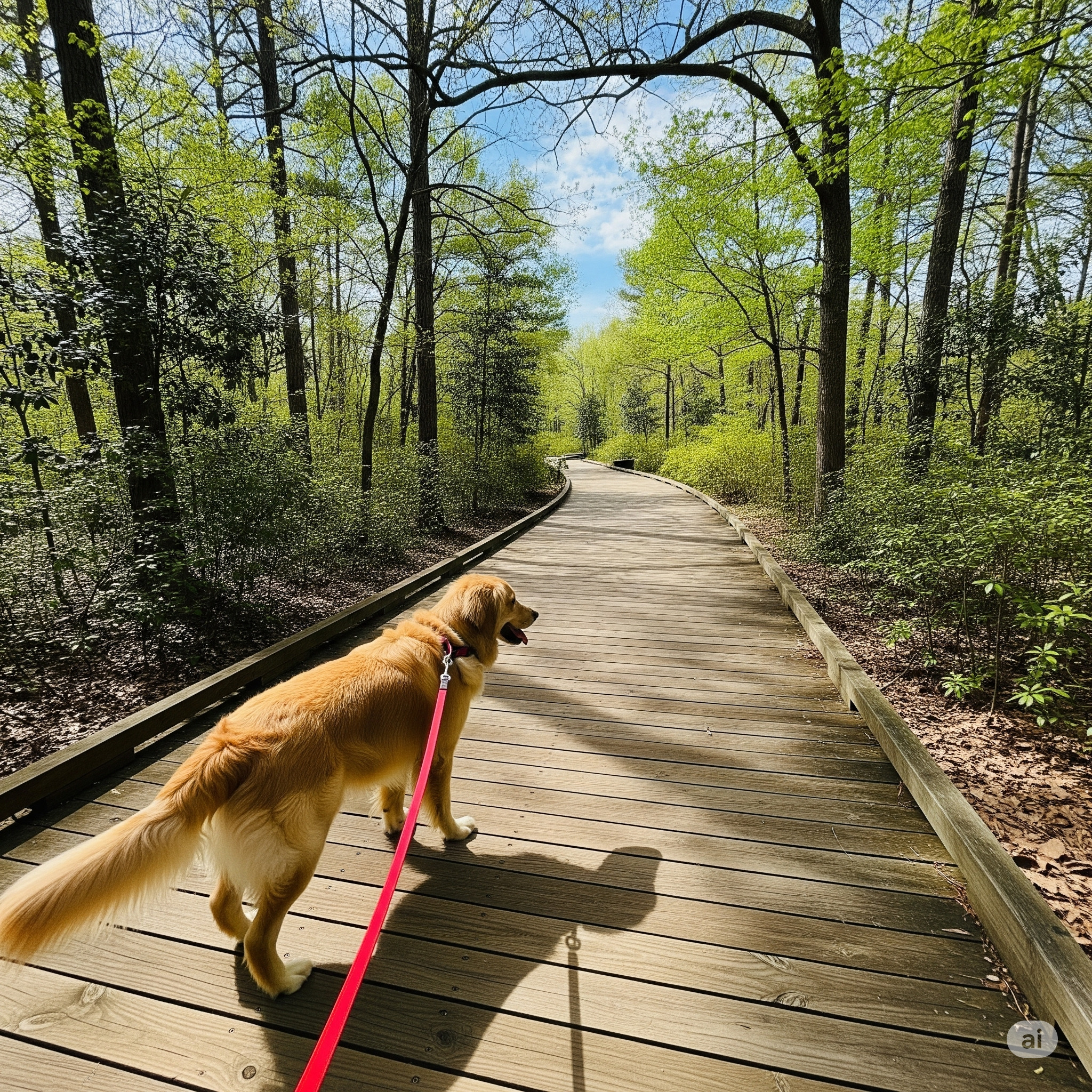 A dog walking on a greenway boardwalk in Cary, NC